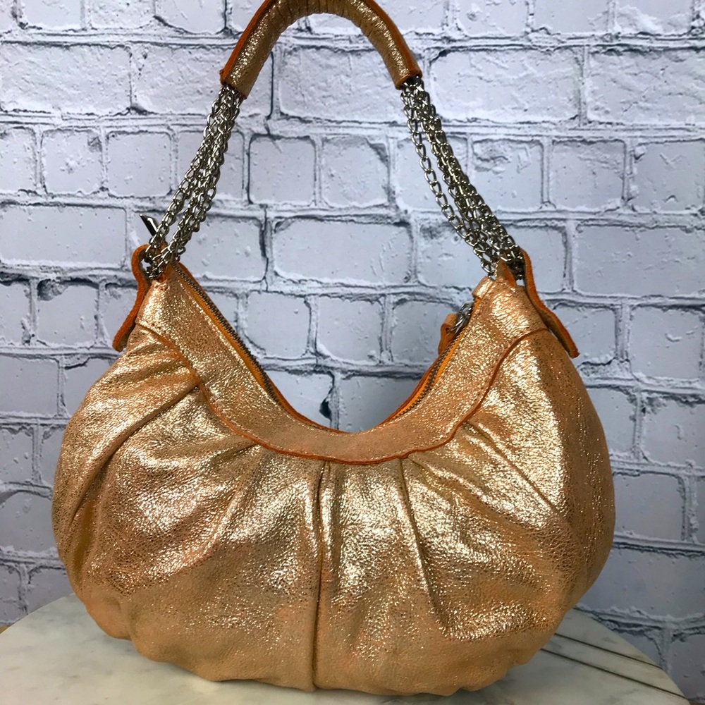 Innuē Genuine Leather Handbag Womens Orange Silver 70s Style Sparkly Genie Purse